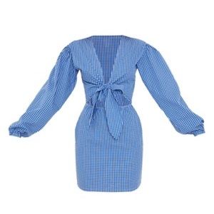 💙 Blue Gingham Bow Tie Front Cut Out Bodycon Dress ✨